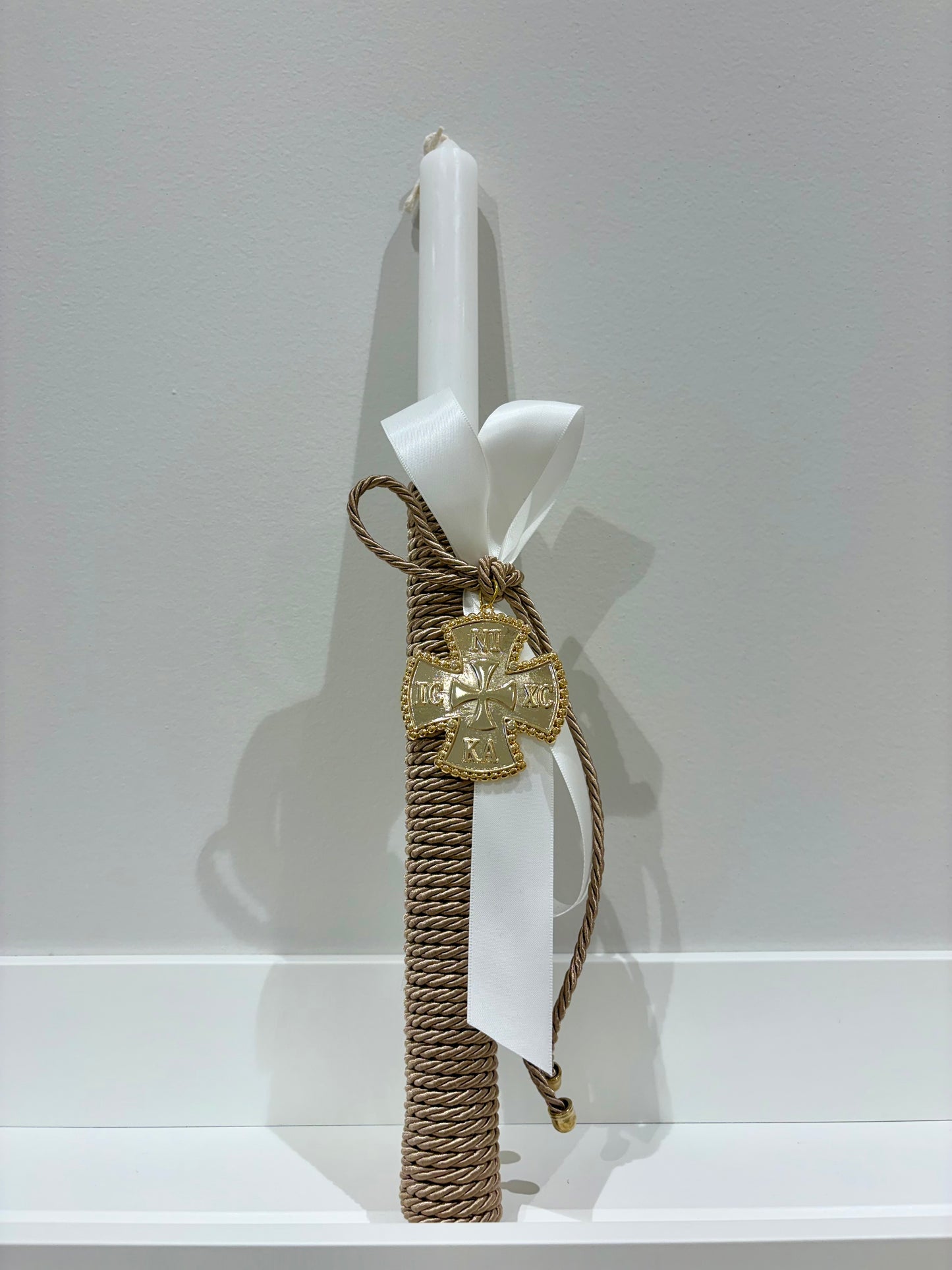 Gold ICXC NIKA Cross Ecru & White Rope Greek Easter Candle/Lambatha