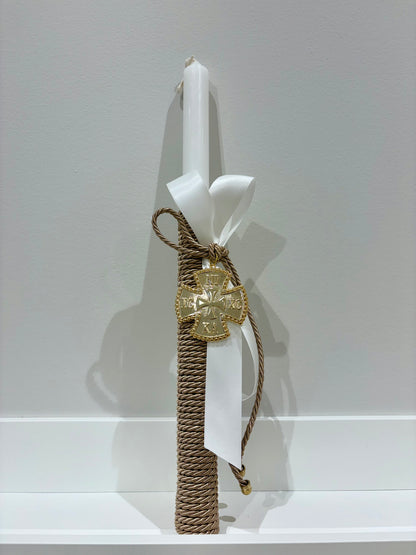 Gold ICXC NIKA Cross Ecru & White Rope Greek Easter Candle/Lambatha