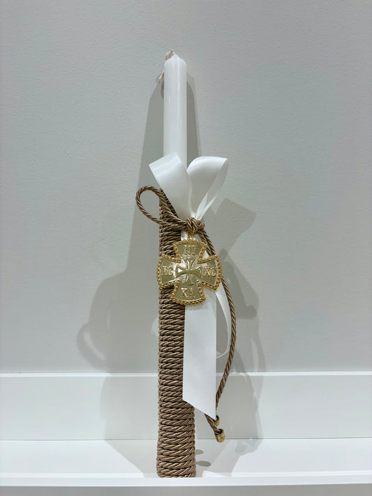 Gold ICXC NIKA Cross Ecru & White Rope Greek Easter Candle/Lambatha