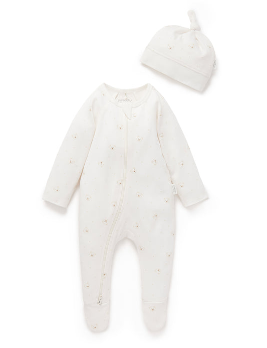 Premmie Zip Growsuit & Beanie Set - Vanilla Bear