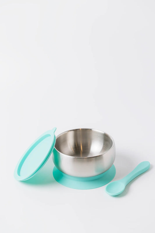 18/8 Stainless Steel Feeding Bowl with Silicone Suction Base, Lid & Spoon - Mint