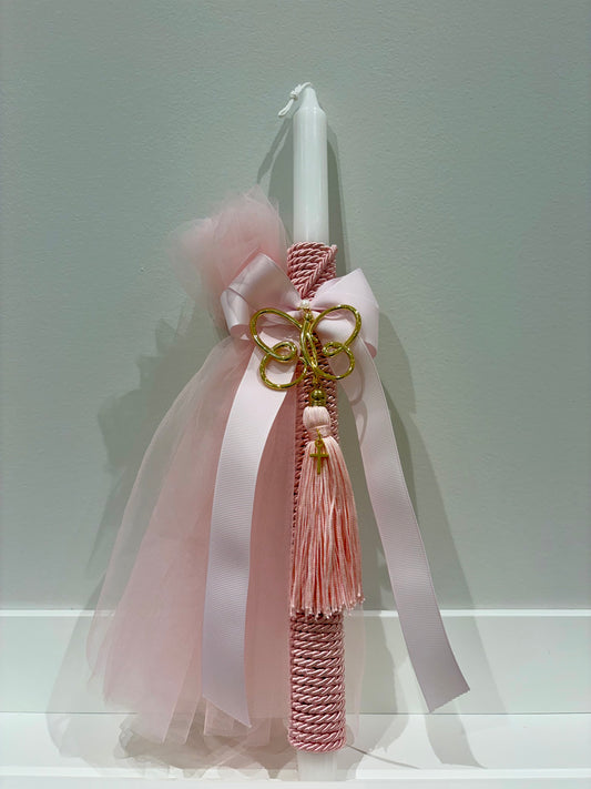 Gold Butterfly + Pink Tassel & Cross Greek Easter Candle/Lambatha