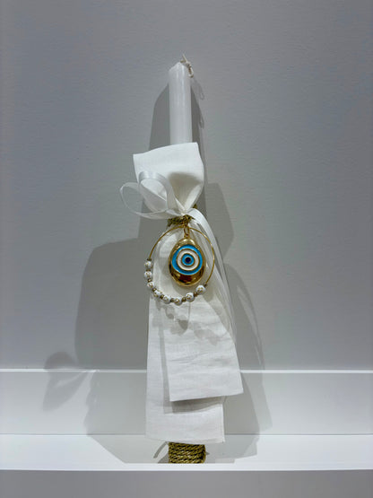 White & Gold Mati + Bracelet Greek Easter Candle/Lambatha