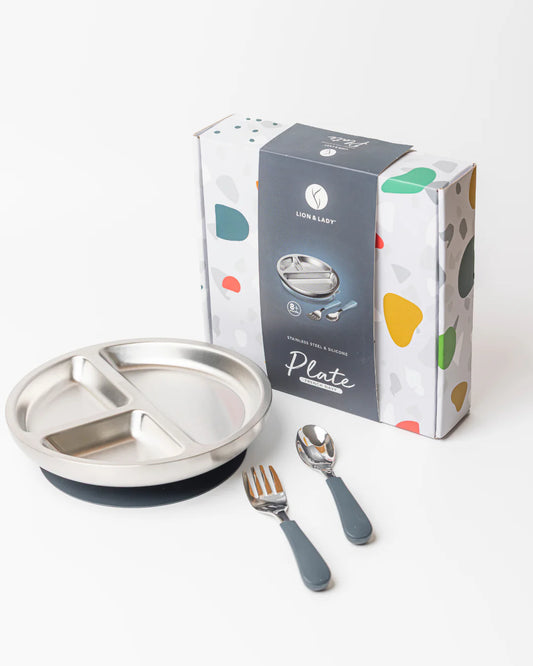 18/8 Stainless Toddler Plate with Silicone Suction Base & Cutlery Set - Navy