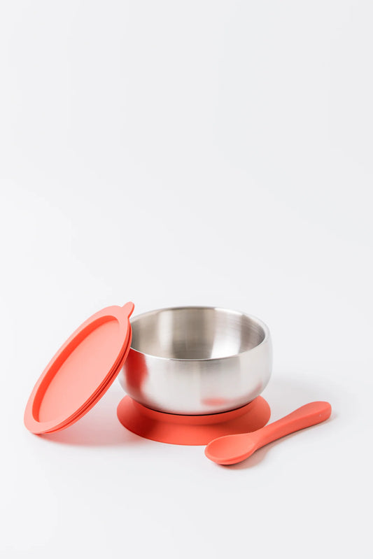 18/8 Stainless Steel Feeding Bowl with Silicone Suction Base, Lid & Spoon - Pink