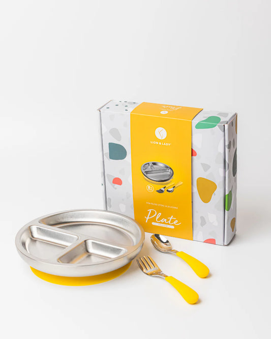 18/8 Stainless Toddler Plate with Silicone Suction Base & Cutlery Set - Yellow