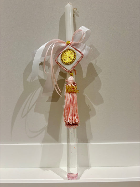Glass Tube Sparkles Marble & Gold ICXP NIKA Pink Greek Easter Candle/Lambatha