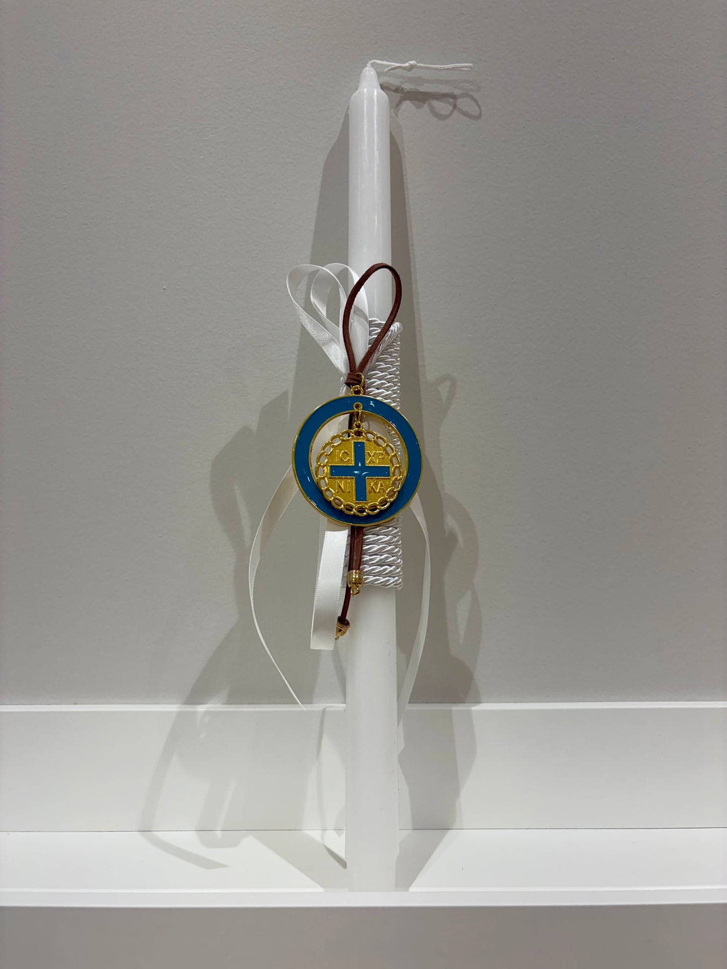Gold ICXP NIKA Teal & White Greek Easter Candle/Lambatha
