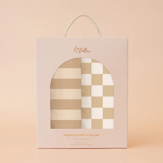 Organic Muslin Wrap Swaddle Box Set - Coffee Stripe & Caramel Check