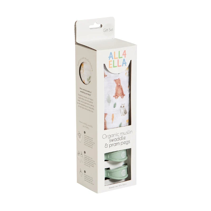Organic Muslin Swaddle & 2pk Pram Pegs Gift Set - Forest Friends