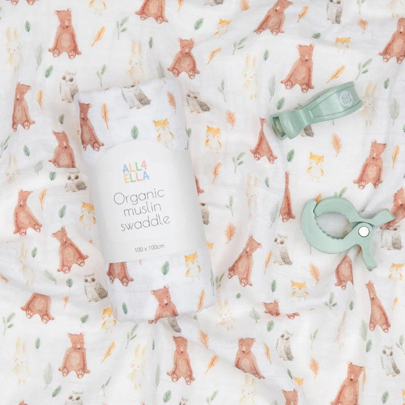 Organic Muslin Swaddle & 2pk Pram Pegs Gift Set - Forest Friends