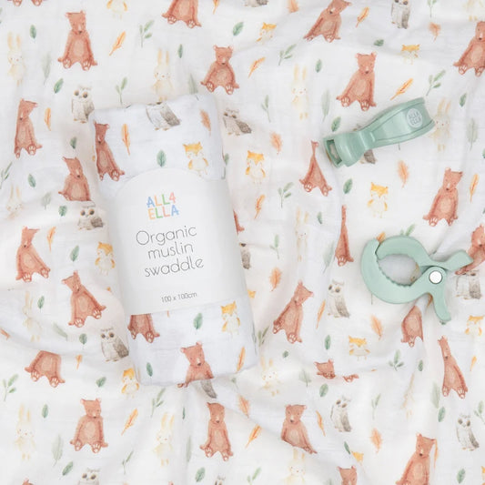 Organic Muslin Swaddle & 2pk Pram Peg Gift Set - Forest Friends
