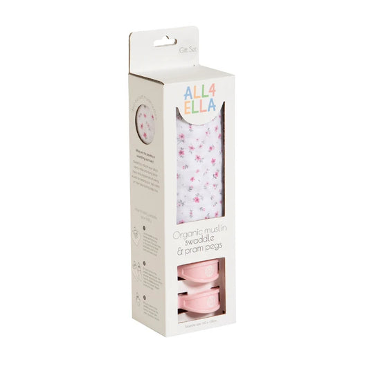 Organic Muslin Swaddle & 2pk Pram Peg Gift Set - Pink Petals