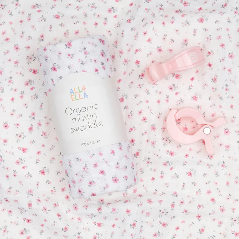 Organic Muslin Swaddle & 2pk Pram Pegs Gift Set - Pink Petals