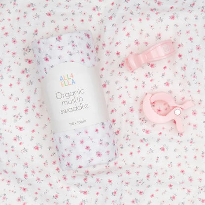 Organic Muslin Swaddle & 2pk Pram Pegs Gift Set - Pink Petals