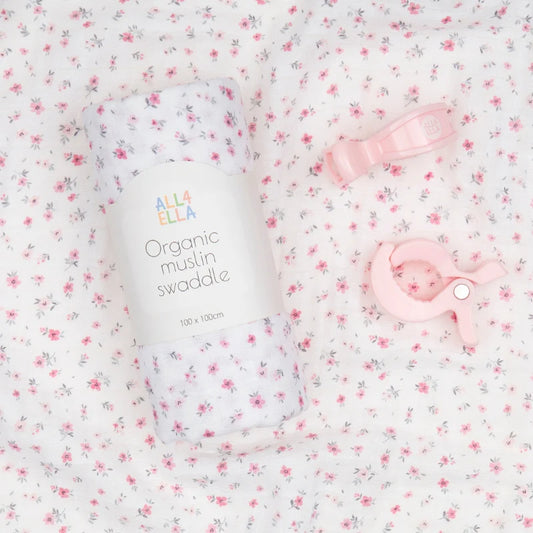 Organic Muslin Swaddle & 2pk Pram Peg Gift Set - Pink Petals