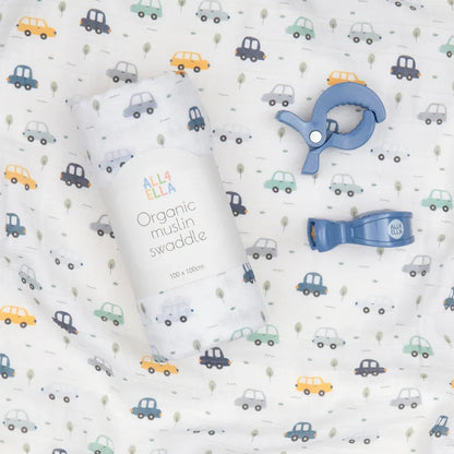 Organic Muslin Swaddle & 2pk Pram Peg Gift Set - Beep Beep