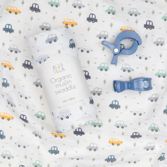 Organic Muslin Swaddle & 2pk Pram Peg Gift Set - Beep Beep