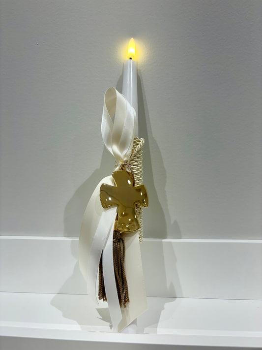 Flame-Free LED Ivory & Gold Cross Greek Easter Candle/Lambatha