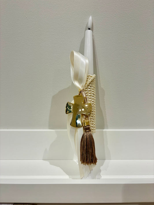 Flame-Free LED Ivory & Gold Cross Greek Easter Candle/Lambatha