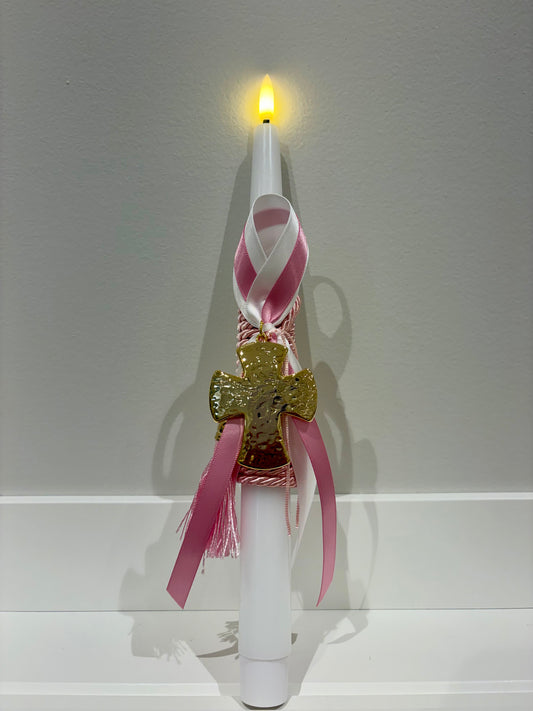 Flame-Free LED Pink & Gold Textured Cross Greek Easter Candle/Lambatha