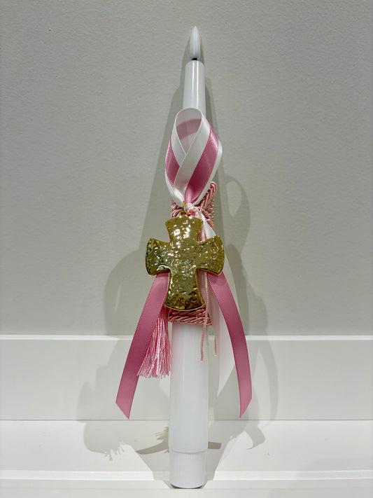 Flame-Free LED Pink & Gold Textured Cross Greek Easter Candle/Lambatha