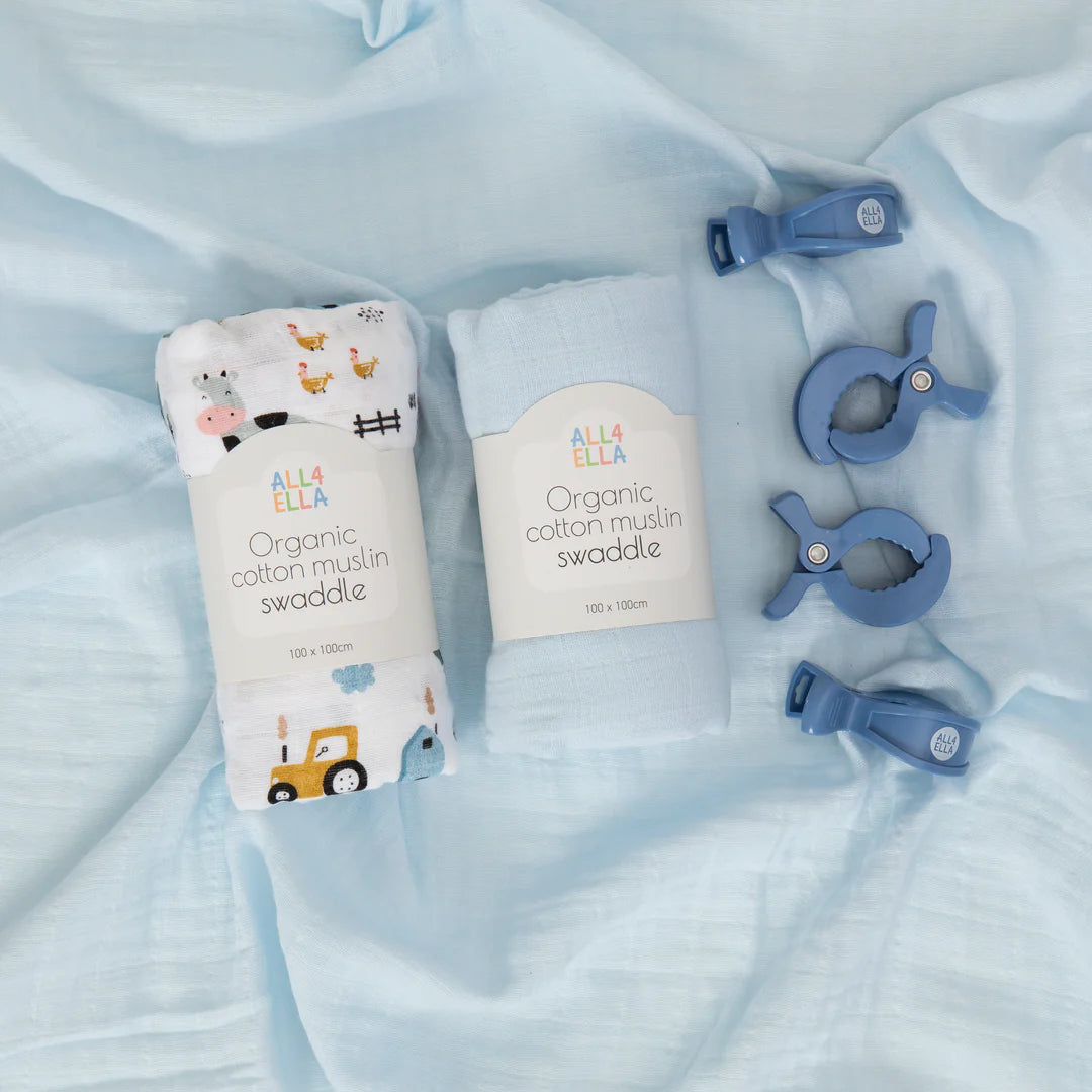 Organic Muslin Swaddle & 4pk Pram Pegs Gift Set - Barnyard