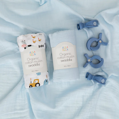 Organic Muslin Swaddle & 4pk Pram Pegs Gift Set - Barnyard