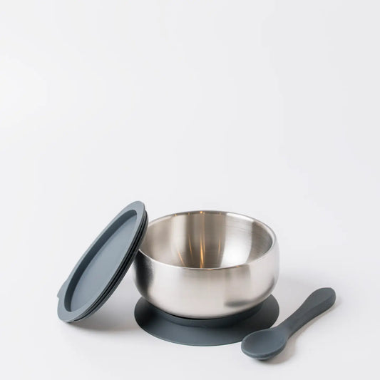 18/8 Stainless Steel Feeding Bowl with Silicone Suction Base, Lid & Spoon - Navy