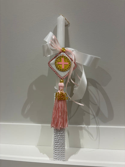 Marble & Gold ICXP NIKA Pink Cross & White Greek Easter Candle/Lambatha