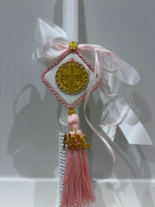 Marble & Gold ICXP NIKA Pink & White Greek Easter Candle/Lambatha