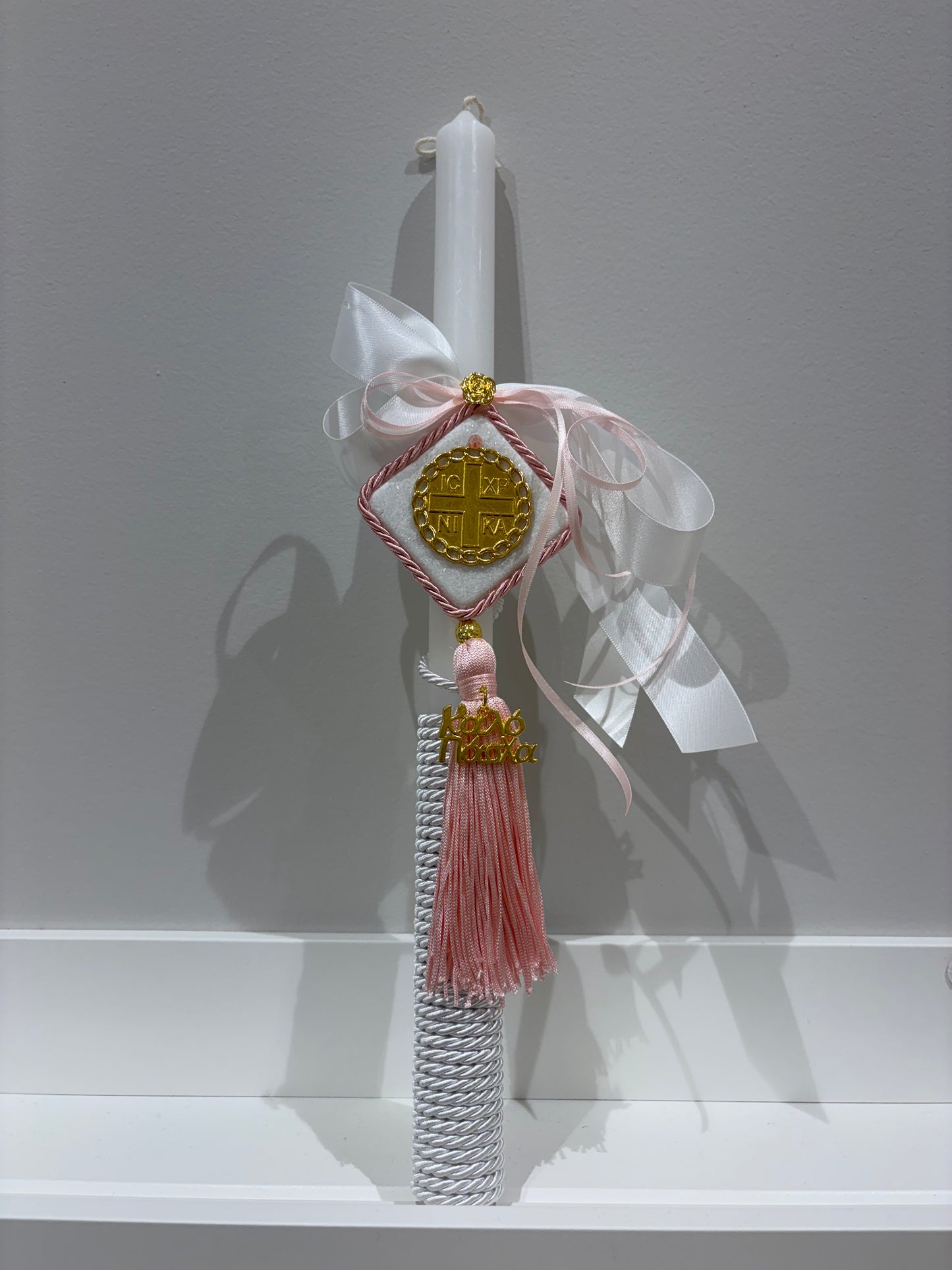 Marble & Gold ICXP NIKA Pink & White Greek Easter Candle/Lambatha