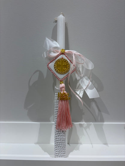 Marble & Gold ICXP NIKA Pink & White Greek Easter Candle/Lambatha