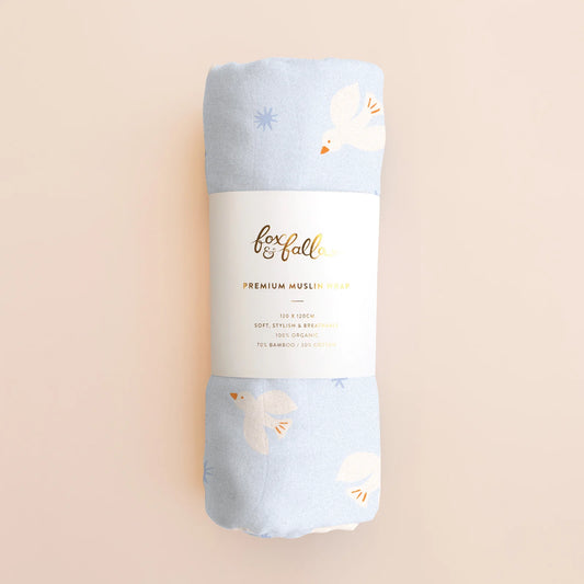 Organic Muslin Wrap Swaddle - Blue Doves