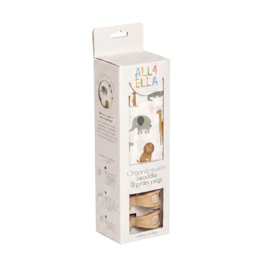 Organic Muslin Swaddle & 2pk Pram Pegs Gift Set - Wild Animals